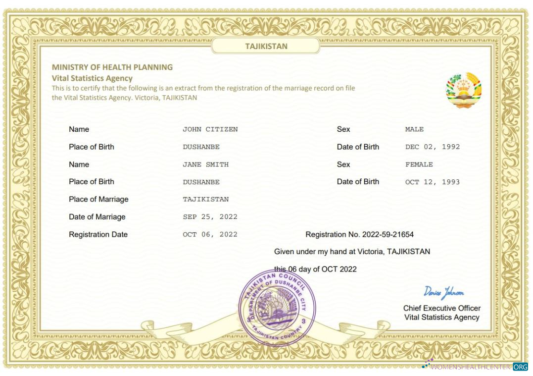 Download Tajikistan marriage certificate Word and PDF template Photoshop template